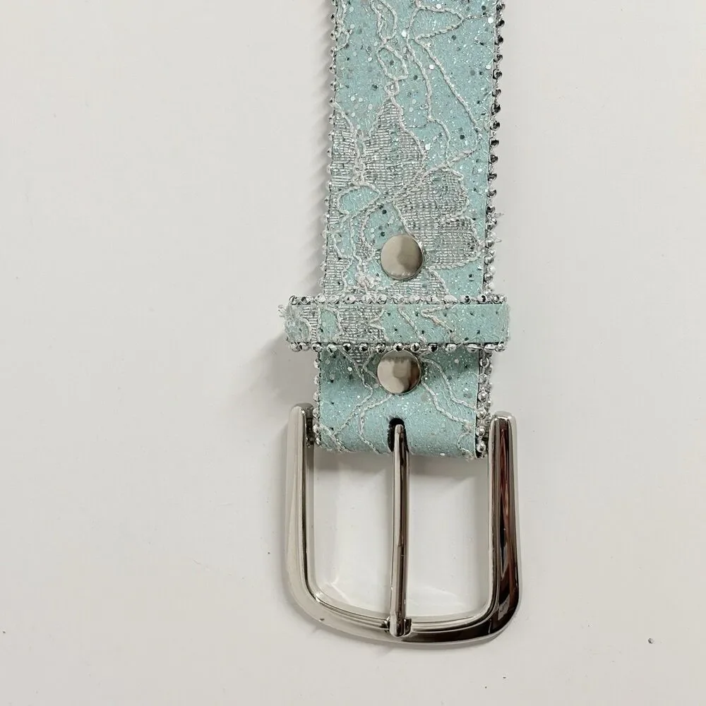 Vtg Y2K Justice Belt Girls Mint Green Silver Buckle Lace Western Dolly Parton